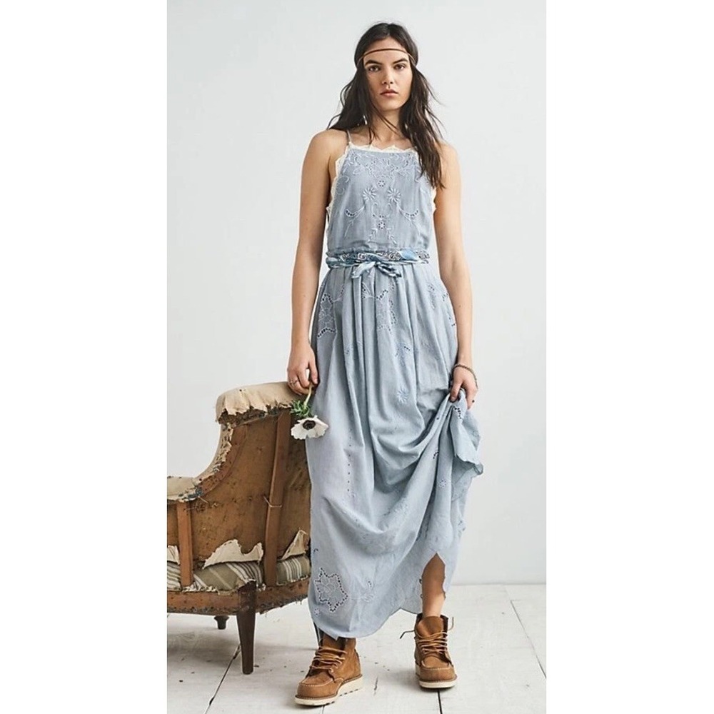 Free People Women's Med Rosalia Apron Dress Embroidered Maxi Lace Stripe Pockets